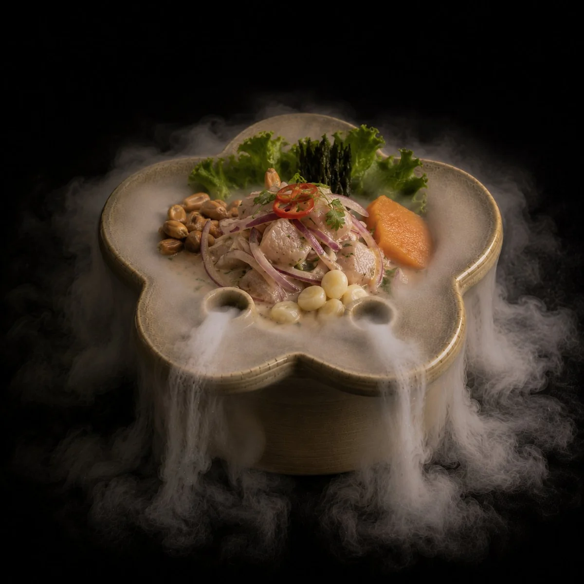 Lotito beige con ceviche peruano