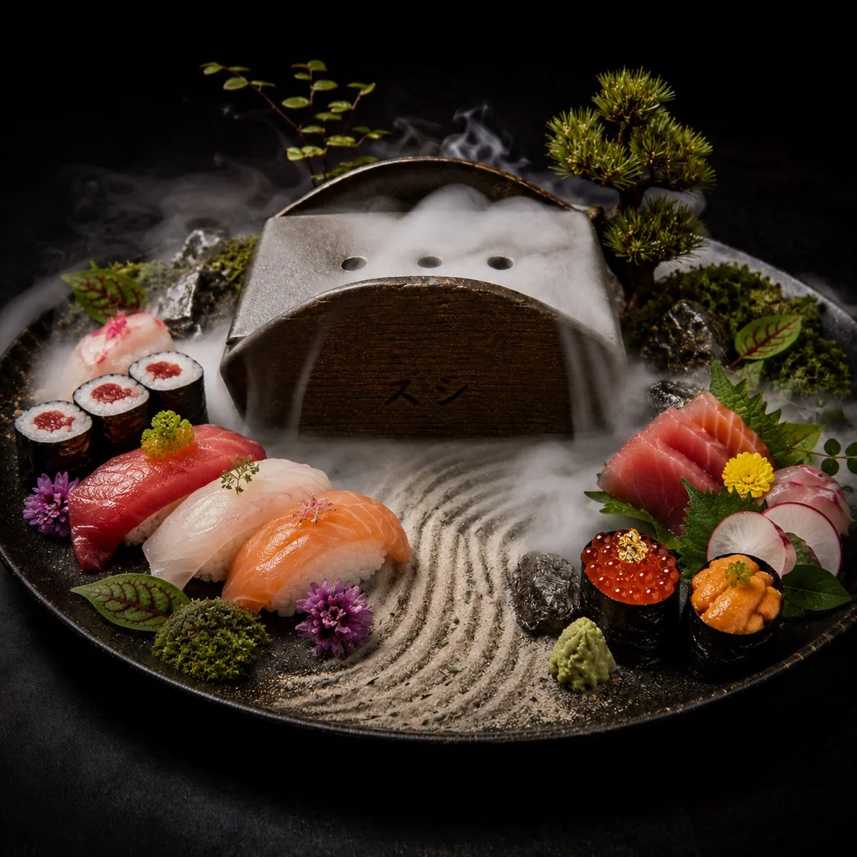 Sushi スシ con jardín zen, nigiri toro y humo de hielo seco