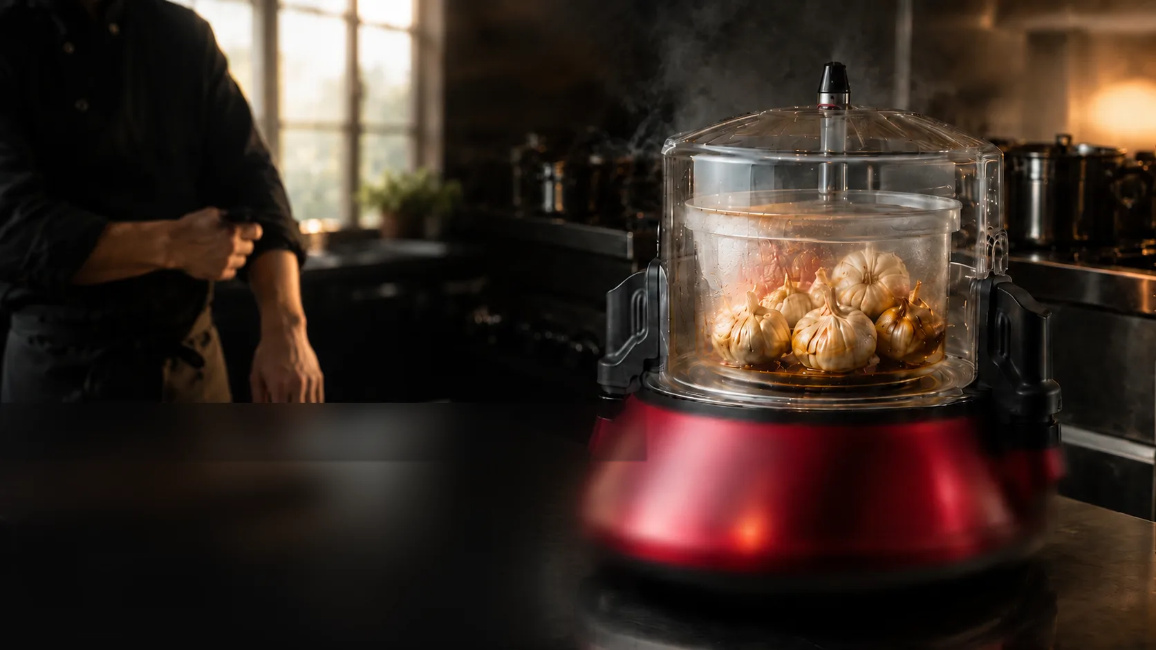 Ajos enteros cocinándose a doble presión, con vapor