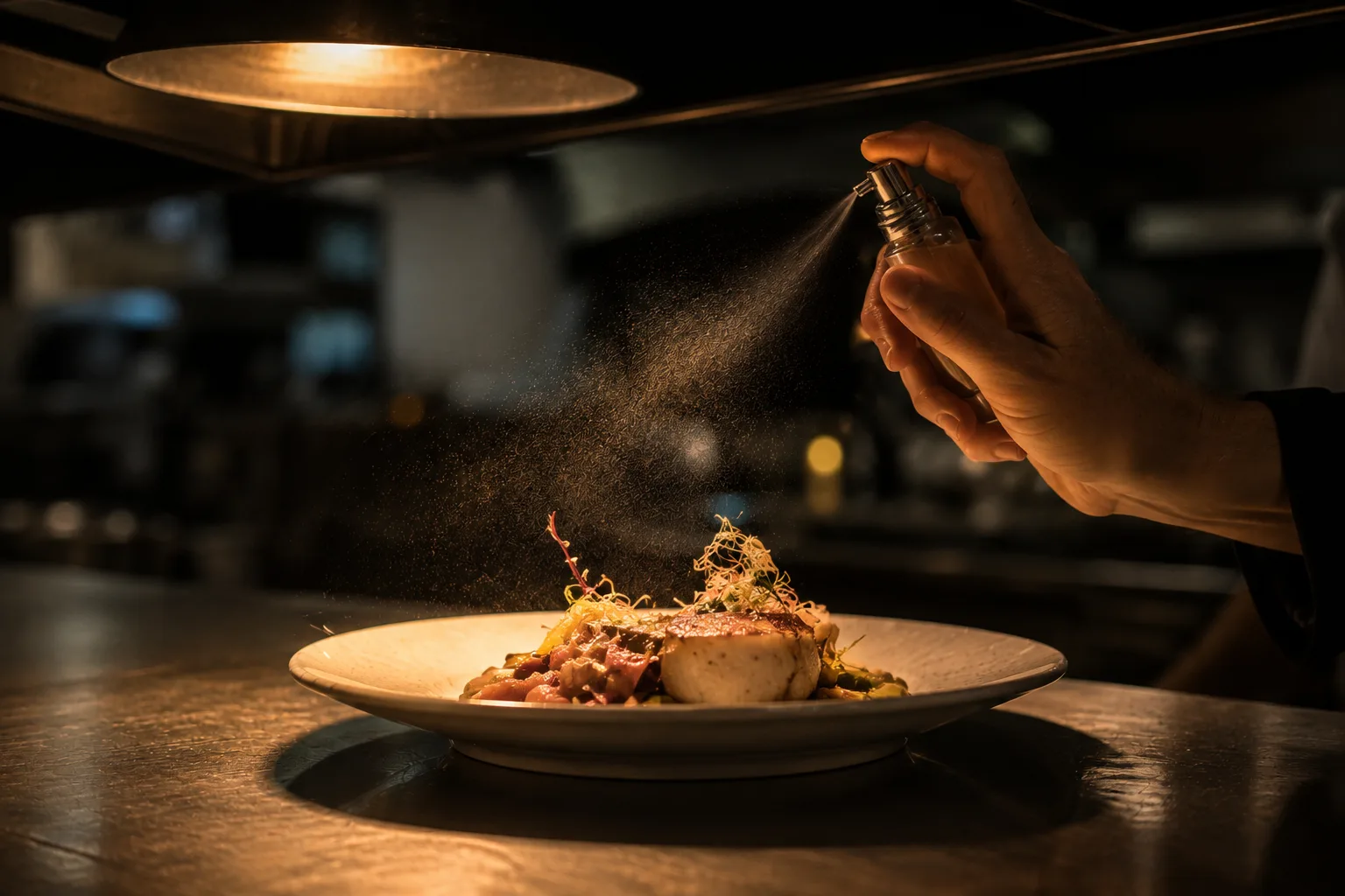 Esencia pulverizada sobre el plato en el pase, antes de servir