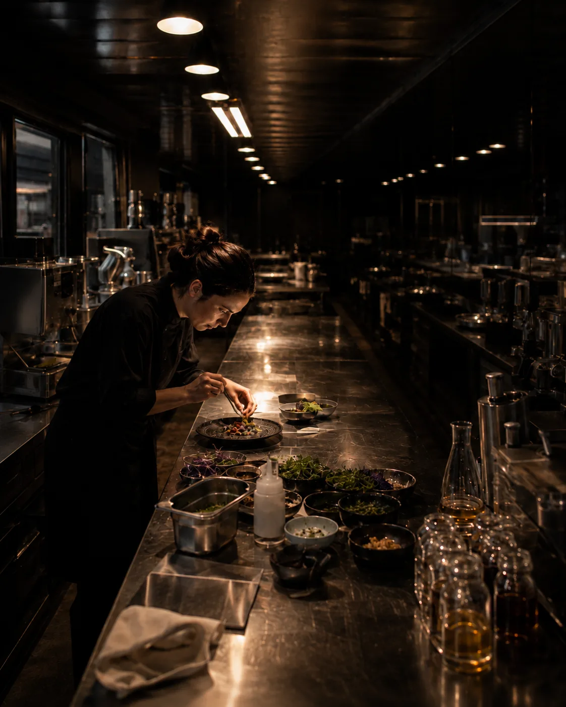Chef emplatando con pinza en el mesón del LAB, con mise en place y destilados al lado