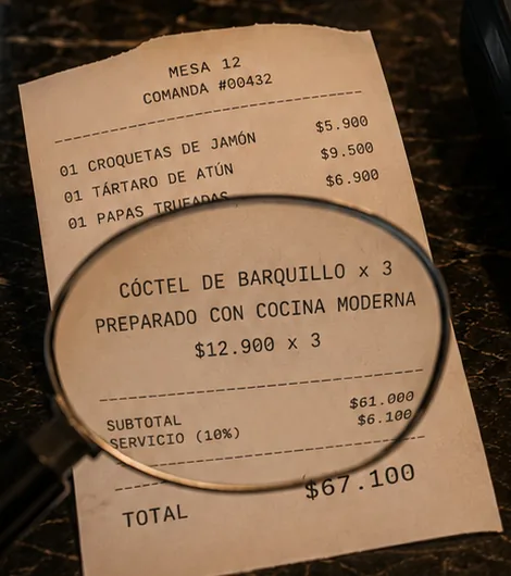 Comanda de mesa 12 con cóctel de barquillo x 3 a $12.900 cada uno, preparado con Cocina Moderna