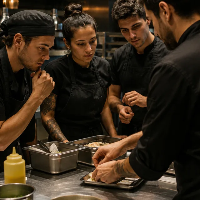Equipo de cocina aprendiendo una técnica alrededor del mesón