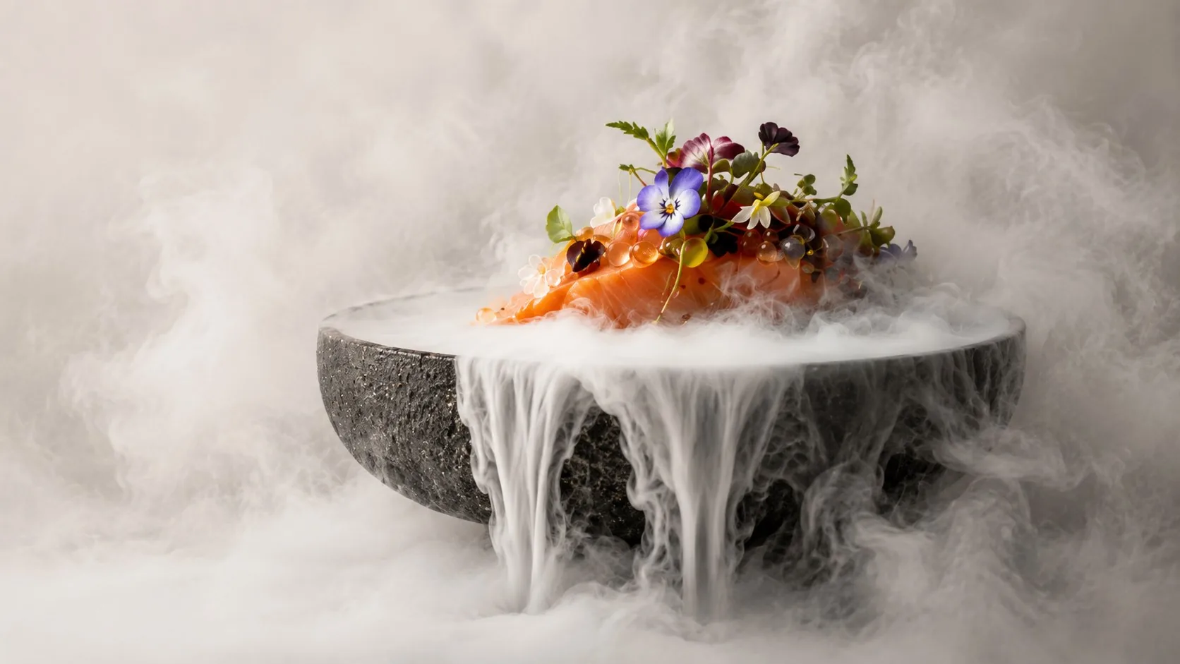 Plato servido entre niebla de hielo seco