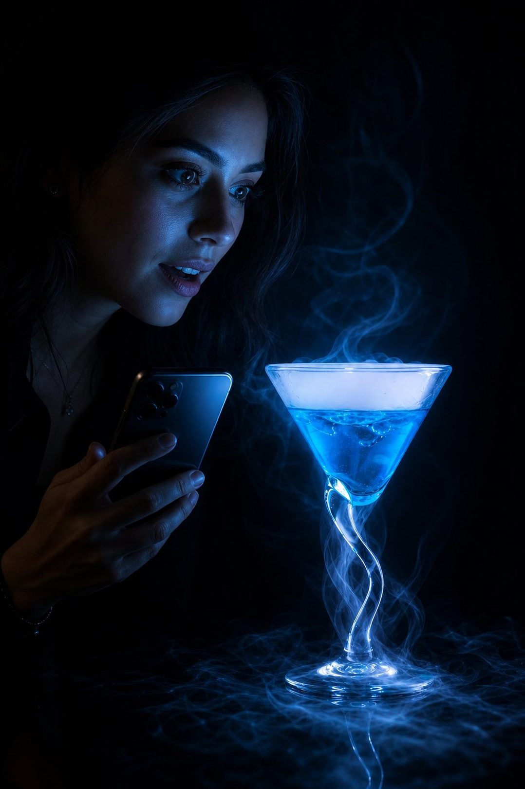 Mujer mirando un cóctel humeante azul