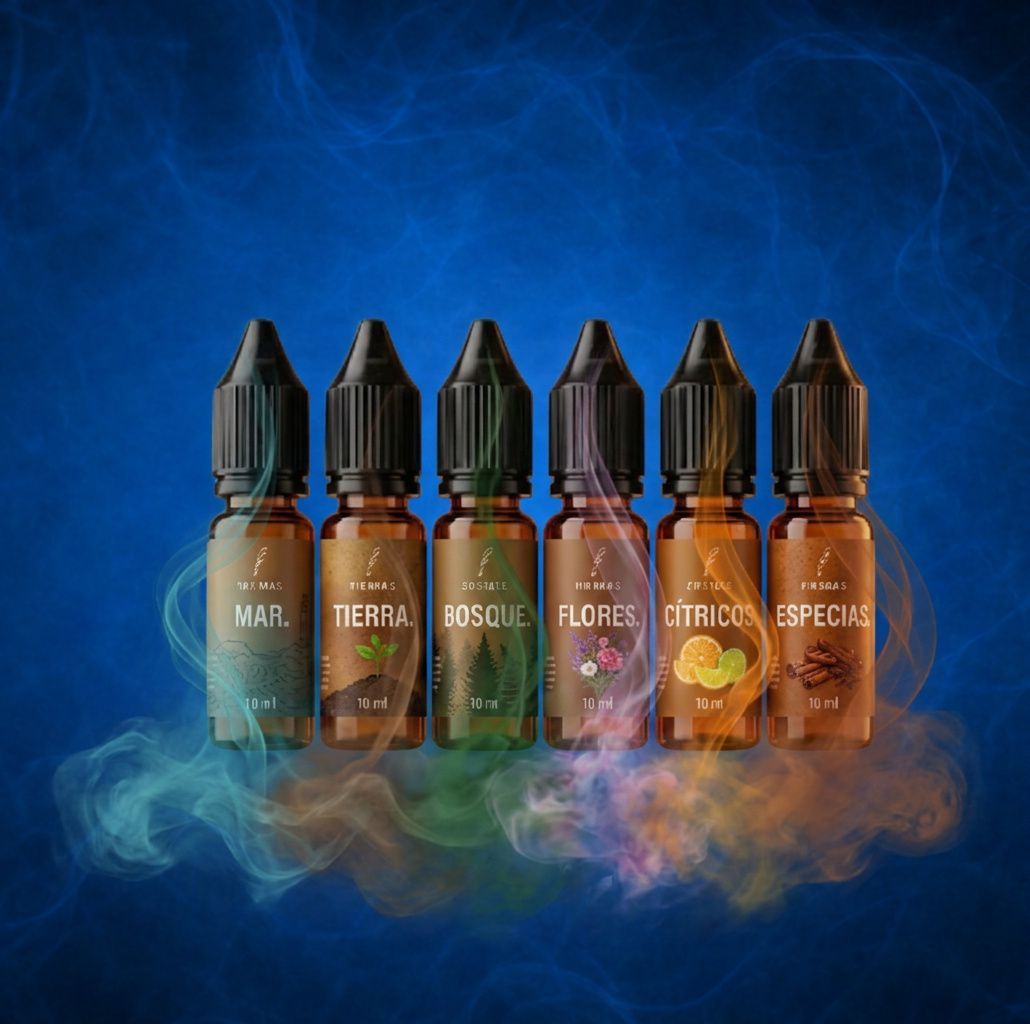 Seis frascos de aromas: mar, tierra, bosque, flores, cítricos, especias