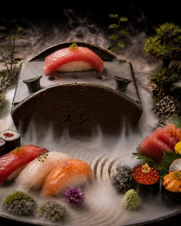 Servicio de omakase sobre pieza de cerámica con el nombre grabado y niebla cayendo