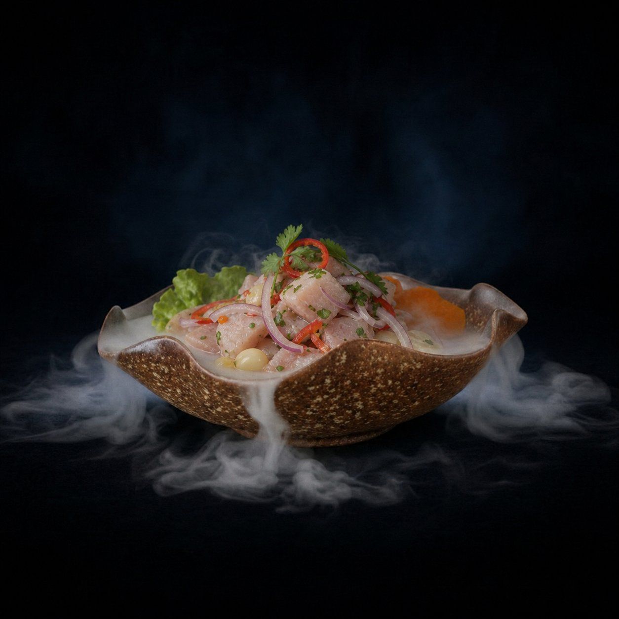 Perubien XL servida con ceviche y humo