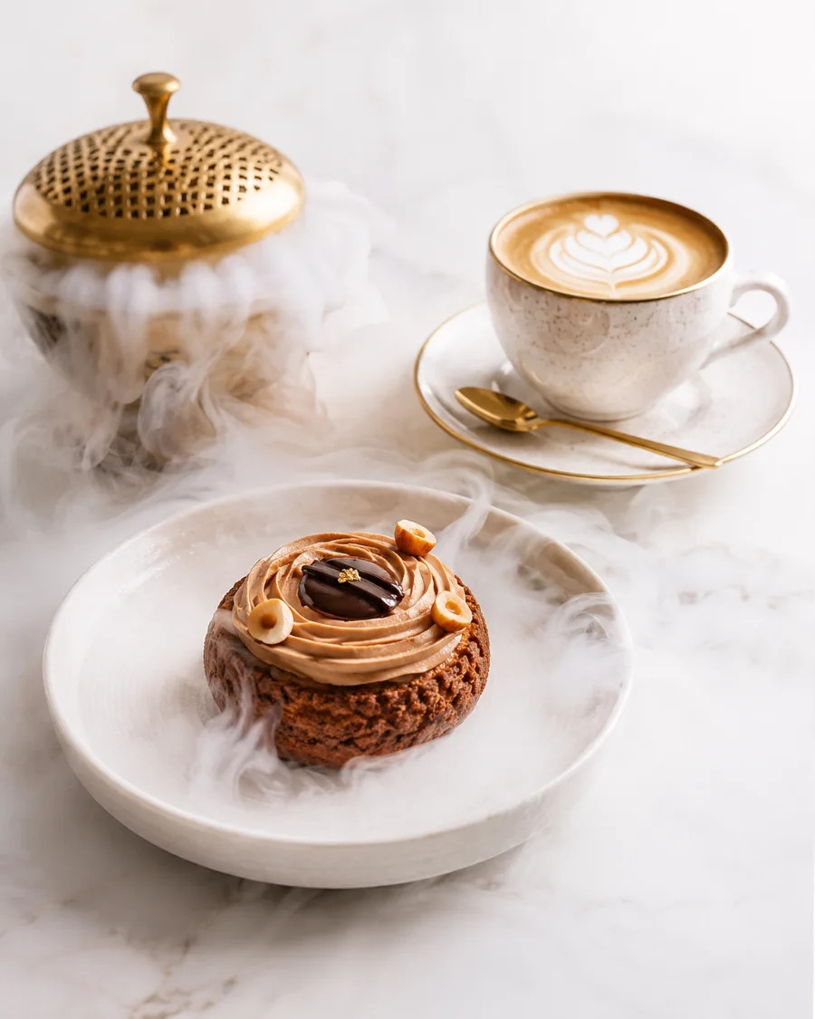 Postre y café de especialidad servidos con niebla de hielo seco sobre mármol