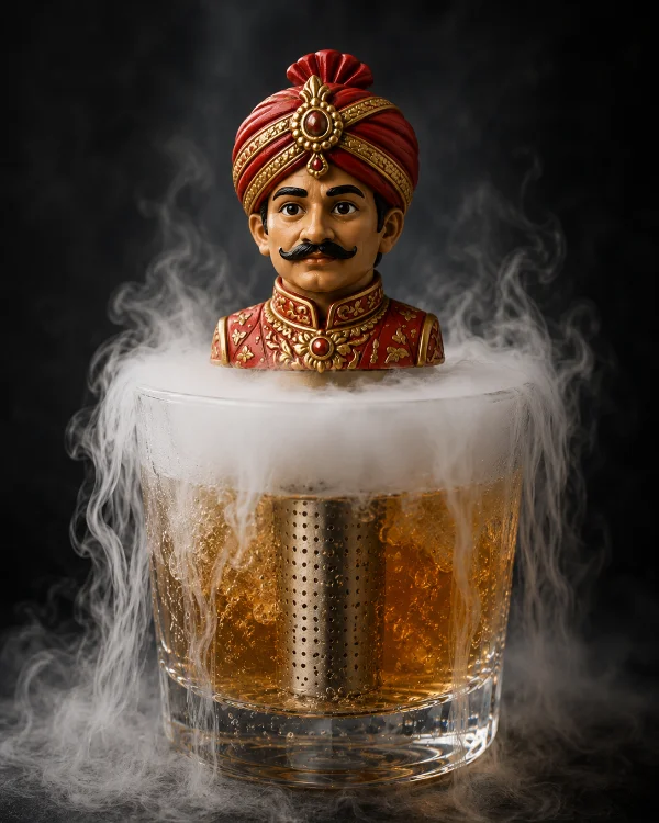 Infusor con figura de maharajá sobre un vaso con niebla de hielo seco